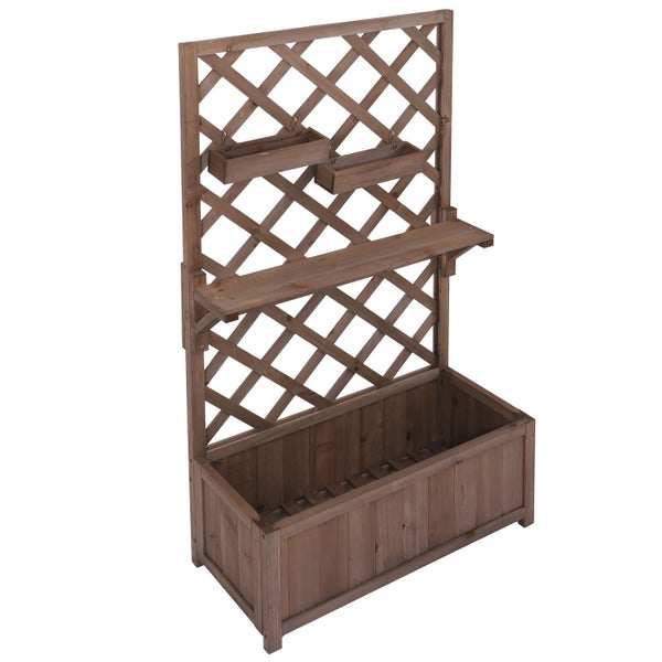 Holzrankgitter mit Rautenmuster, integrierter Ablagefläche und zwei hängenden Holzkästen für Pflanzen.