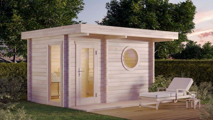 FinnTherm Saunahaus Feldkirch-70 Gartensauna 3 Sitzbänke aus Holz, Sauna mit 70 mm Wandstärke, Außensauna mit Montagematerial, Naturbelassen 3,9x2,4m