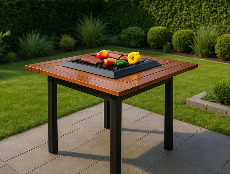 Quadratischer Grilltisch mit Grillaufsatz und Speisen im Garten.