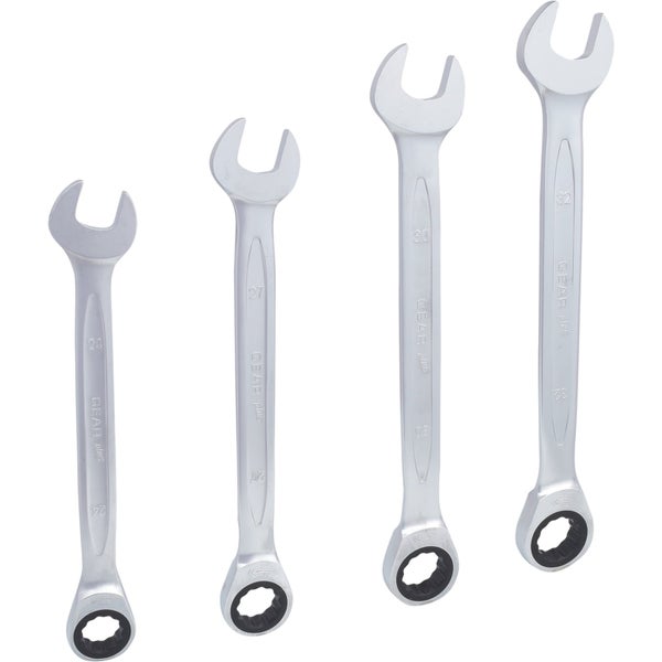 Vier Gabelschlüssel mit Ringratschenschlüssel auf der anderen Seite, Größen 24, 27, 30 und 32