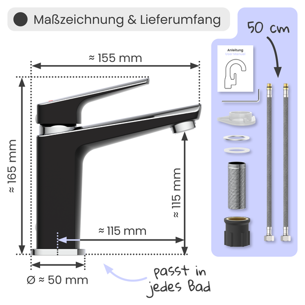 Masszeichnung und Lieferumfang einer Armatur mit den Massen 155 mm Breite, 165 mm Höhe und 50 mm Durchmesser sowie Zubehör und einer Länge von 50 cm