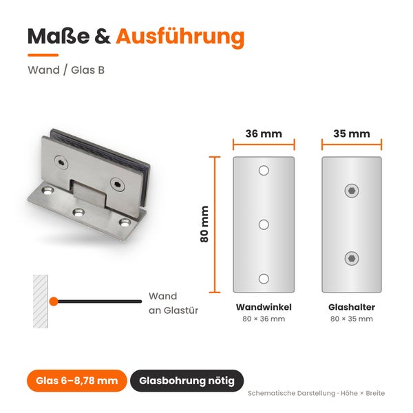 Technische Zeichnung eines Glasbeschlags zur Wandbefestigung mit Maßangaben für Wandwinkel und Glashalter sowie Hinweis auf Glasbohrung.