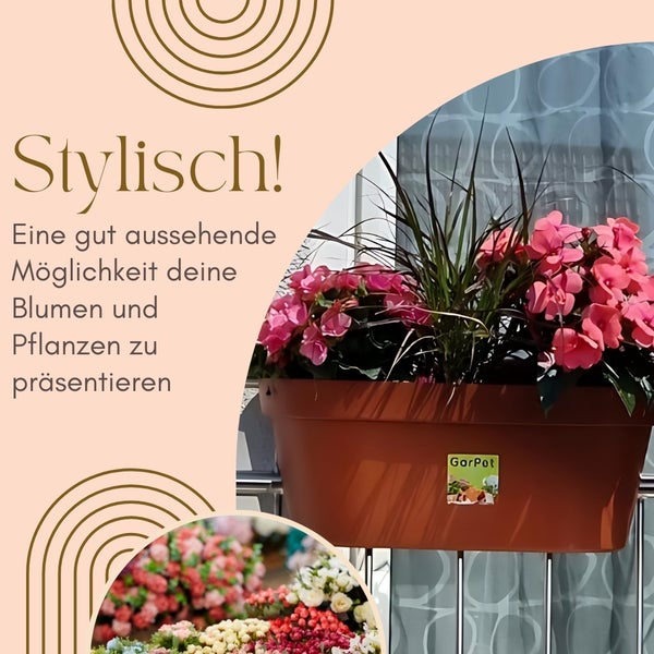 Brauner Blumenkasten mit rosa Blumen und grünen Pflanzen.