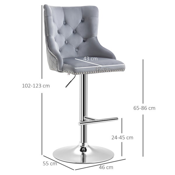 HOMCOM 2er Set Barhocker Barstühle Drehstühle mit Fußstütze, höhenverstellbare Wohnzimmerstühle mit Samt-Optik, für Bartheke, Küche, Hellgrau, 46 x 55 x 102-123 cm