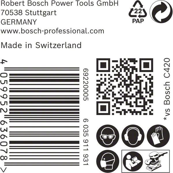 Robert Bosch Power Tools GmbH Firmeninformationen, Papierverpackungssymbol, Barcode, QR-Code und obligatorische Sicherheitsausrüstungssymbole