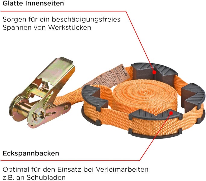 kwb Spann-Gurt mit Ratsche inkl. Führung/Kanten-Schutz - 5 m Länge, 25 mm Breite, 245 daN - TÜV/GS geprüft - Polypropylen (PP) - Strapazierfähig - Zum Verleimen von rechtwinkligen Werkstücken