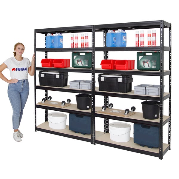 PROREGAL Mega Deal 2x Schwerlastregal Giant Tiger HxBxT 200 x 120 x 40 cm Fachlast 265 kg 6-Ebenen Schwarz