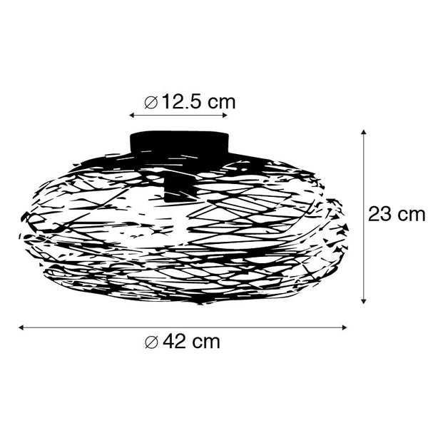 Abbildung einer Pendelleuchte mit den Maßen: Durchmesser oben 12,5 cm, Höhe 23 cm, Durchmesser unten 42 cm.