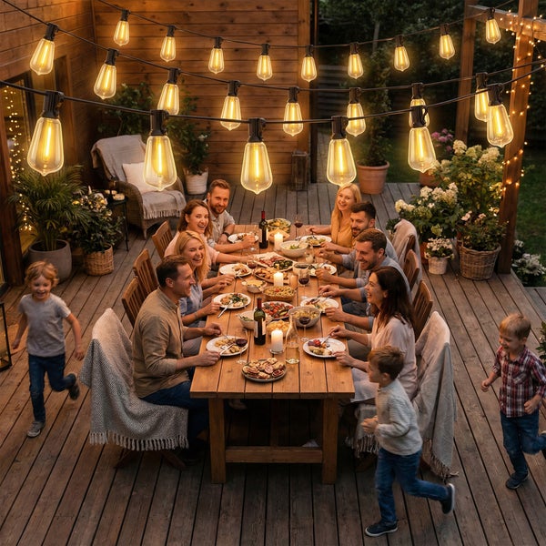 Stimmungsvolle Außenbeleuchtung mit einer Lichterkette aus warmweißen Edison-Birnen über einem Esstisch auf einer Holzterrasse.