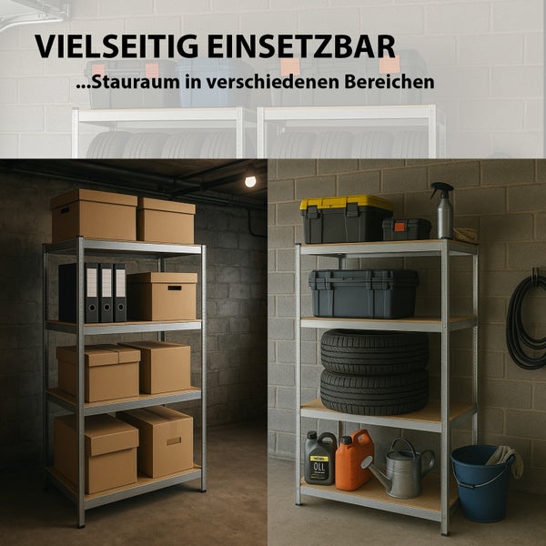 Zwei Metallregale mit Lagerkapazität in einem Kellerraum für Kartons, Werkzeugboxen und Autoreifen zur organisierten Aufbewahrung.