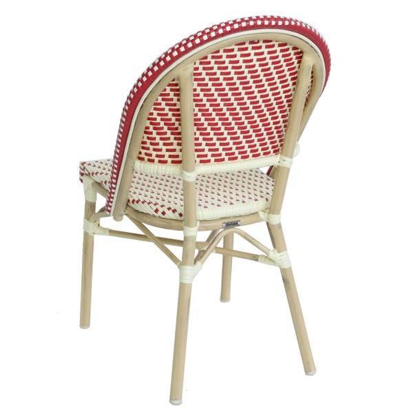 Bistrostuhl mit hellbraunem Gestell und rot-weiß geflochtener Sitzfläche und Rückenlehne, Rückansicht.