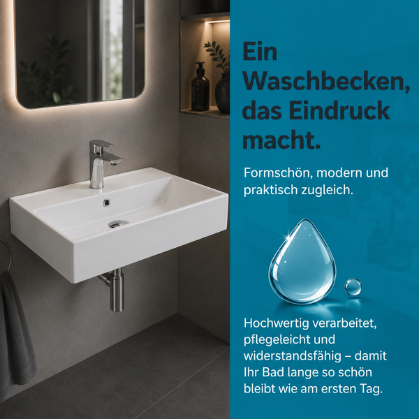 Modernes weißes rechteckiges Waschbecken aus Keramik mit verchromter Armatur und Siphon in einem stilvollen Badezimmer.