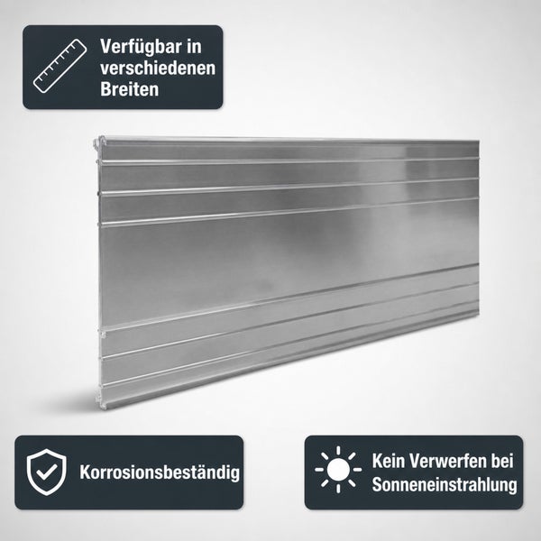 Metallleiste mit gerillter Oberfläche, korrosionsbeständig und formstabil bei Sonneneinstrahlung, in verschiedenen Breiten erhältlich.