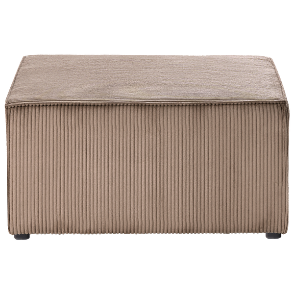 Rechteckiger Polsterhocker mit Bezug aus taupefarbenem Cordstoff.