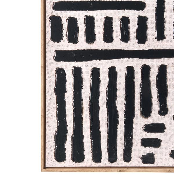 Abstraktes Wandbild auf Leinwand mit schwarzer Strukturfarbe und Holzrahmen.