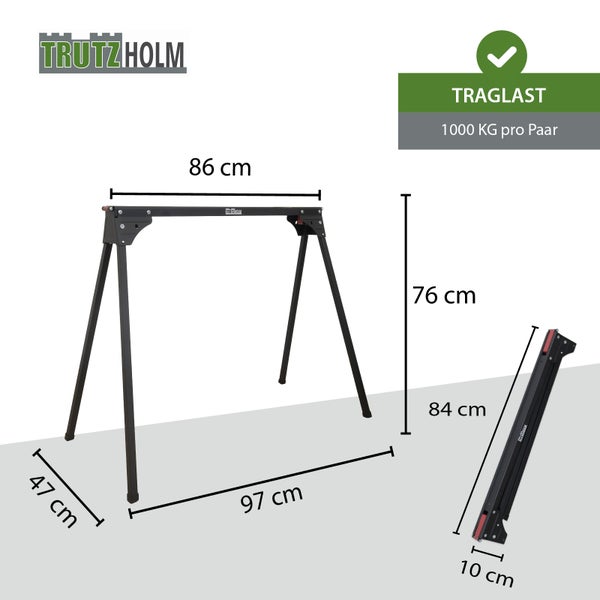 Trutzholm Logo, Arbeitsbock Metall, Traglast 1000 Kilogramm pro Paar, offen 86 mal 76 mal 97 mal 47 Zentimeter, geklappt 84 mal 10 Zentimeter.