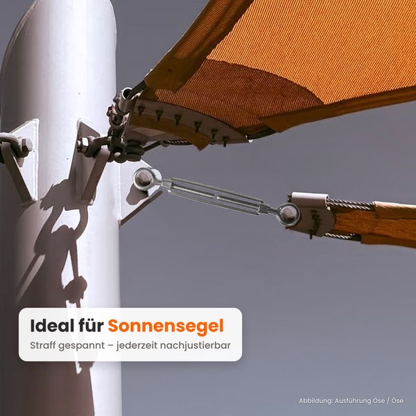Spannschloss mit Ösen zur Befestigung und zum Nachspannen eines Sonnensegels an einem Mast.