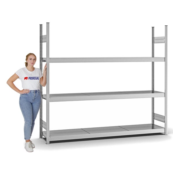 PROREGAL Weitspannregal Stecksystem T-Profil Grundregal HxBxT 200x225x40 cm 3 Ebenen Stahlplatten Fachboden Fachlast 350 kg Verzinkt