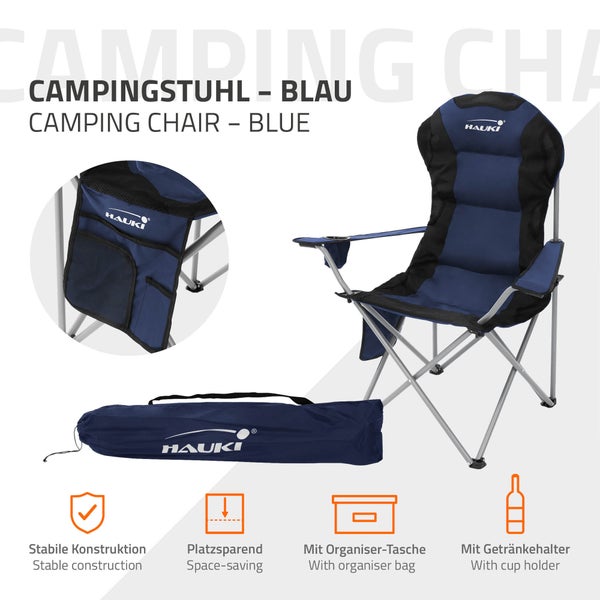 Hauki Campingstuhl faltbar, Blau, Anglerstuhl mit Getränkehalter & Tragetasche, Gartenstuhl klappbar, bis 150kg, Übergroßer Klappstuhl mit Hochlehner, Gepolster Faltstuhl leicht, Angelstuhl tragbar