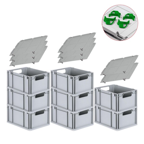 PROREGAL Spar Set 8x Eurobox Nextgen Economy Mit Auflagedeckel & 4x Schiebeschnappverschlüsse Grün Griffe Offen HxBxT 22 x 30 x 40 cm 20 Liter