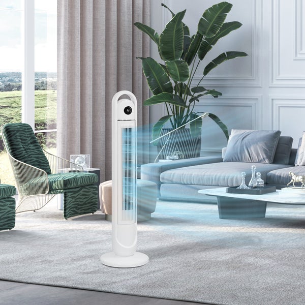 HOMCOM Turmventilator, Standventilator mit 3 Belüftungsstufen, Fernbedienung, 55W Ventilator mit 24H Timer, LCD-Anzeige, 60° Oszillation, für Schlafzimmer, Weiß