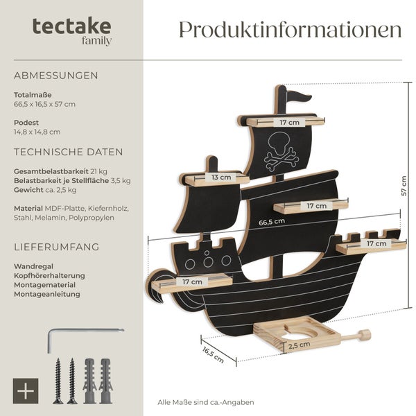 Wandregal Piratenschiff von tectake family mit technischen Daten und Maßen zur Wandmontage für Kinderzimmer