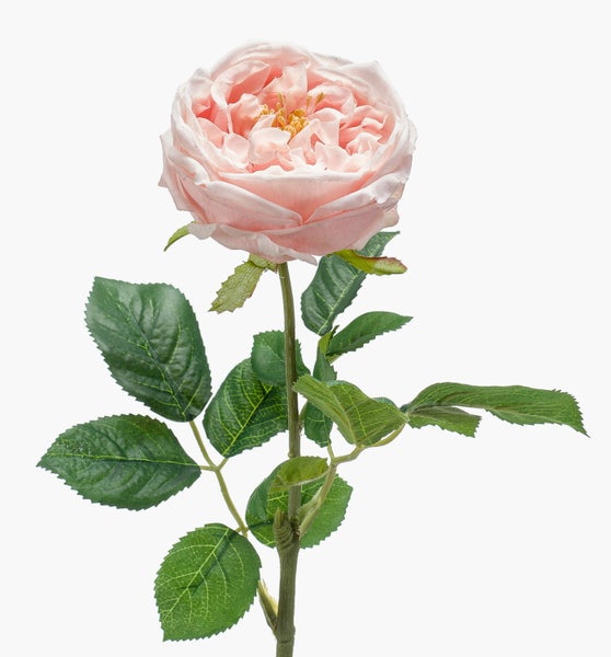Künstliche Rose mit einer rosafarbenen Blüte und grünem Stiel mit Blättern