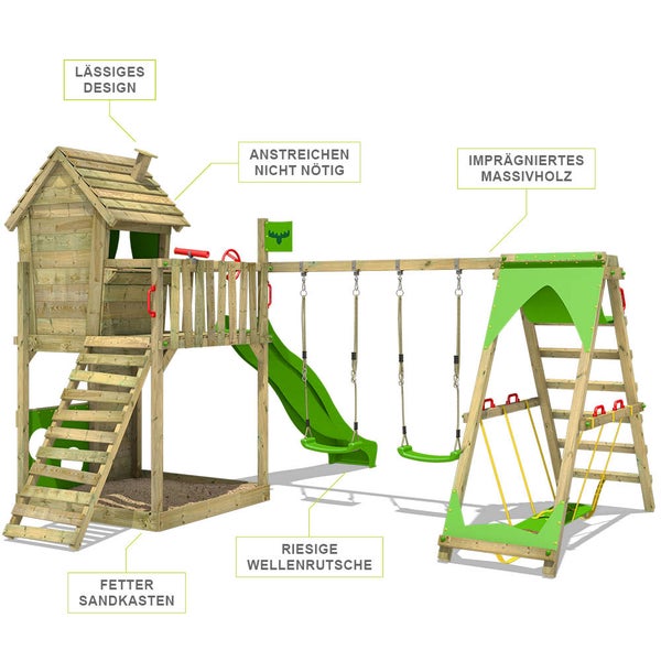 FATMOOSE Spielturm Klettergerüst HappyHome mit Schaukel SurfSwing und Rutsche, Spielhaus mit Sandkasten, Leiter und Spiel-Zubehör - grün