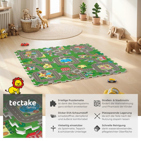 Puzzlematte tectake MyCity 90,5 x 90,5 cm 9-teilig, mit Stadt- und Straßenmotiv bunt