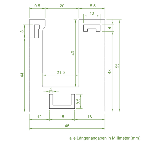Technische Zeichnung mit Maßangaben in Millimetern für ein u-förmiges Bauteil.