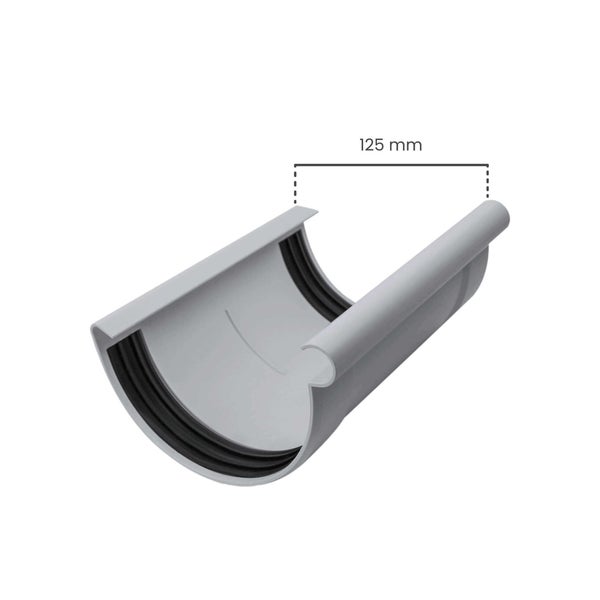 Dachrinnenverbinder aus grauem Kunststoff mit Dichtungen, Breite 125 Millimeter.