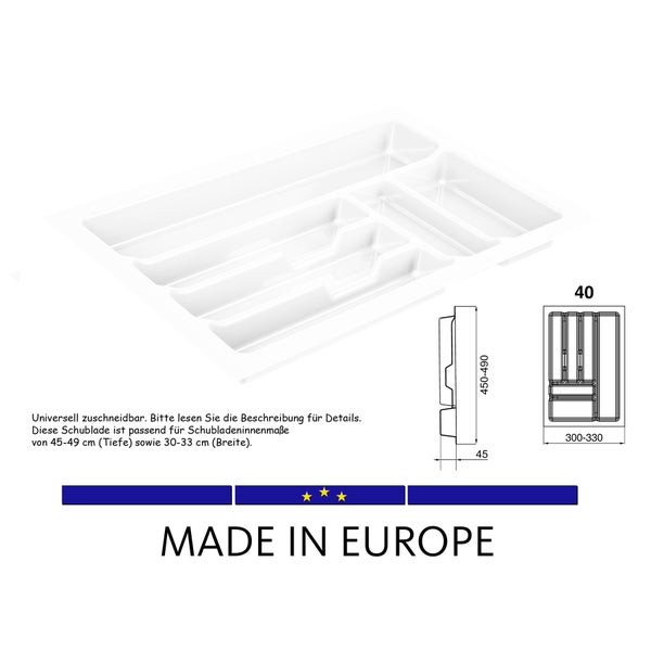 Schubladeneinsatz mit variablen Fächern und Maßangaben