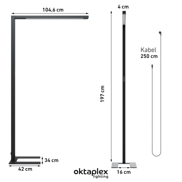 Technische Zeichnung der Oktaplex Lighting Stehlampe mit Maßangaben für Höhe, Breite, Fuß und Kabellänge.