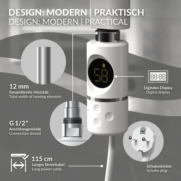 ML-Design Heizstab 600W Weiß mit Thermostat und LCD Bildschirm, Elektronischer Temperaturregler und Timing-Funktion, Heizpatrone Heizelemente für Badheizkörper Heizungen, Elektroheizstab mit Stecker