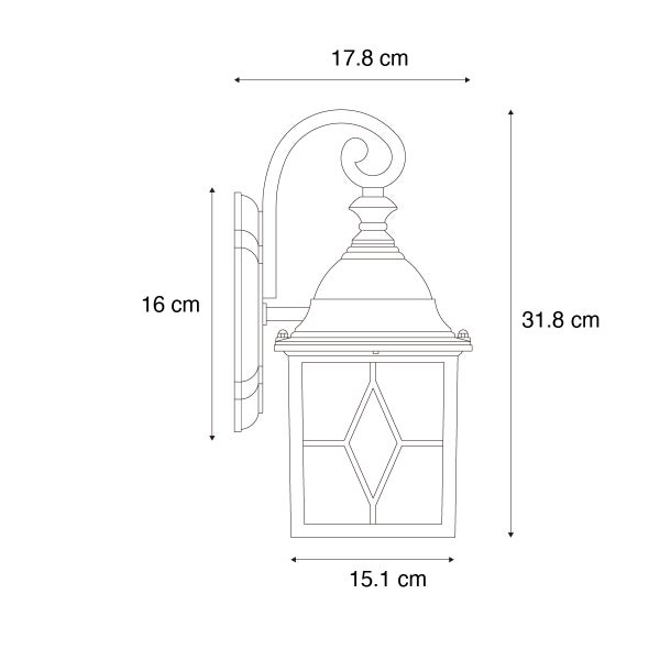 Technische Zeichnung Außenwandleuchte Maße: Höhe 31,8 Zentimeter, Breite 17,8 Zentimeter, Leuchtenkopf 15,1 Zentimeter, Montageplatte 16 Zentimeter.
