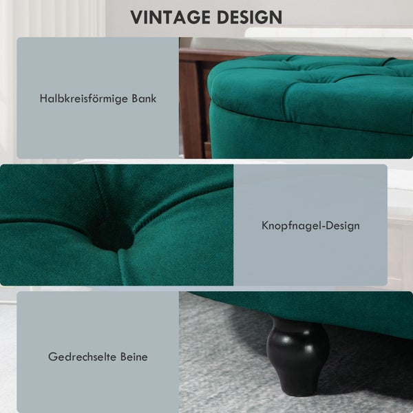 HOMCOM Sitzbank mit Stauraum Sitztruhe mit geöffnetem Deckel, Velvet-Touch, Polsterbank für Schlafzimmer, Gummiholz Dunkelgrün 120 x 46 x 42 cm