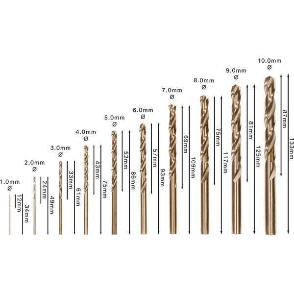 Bohrer-Set mit verschiedenen Größen von 1 Millimeter bis 10 Millimeter