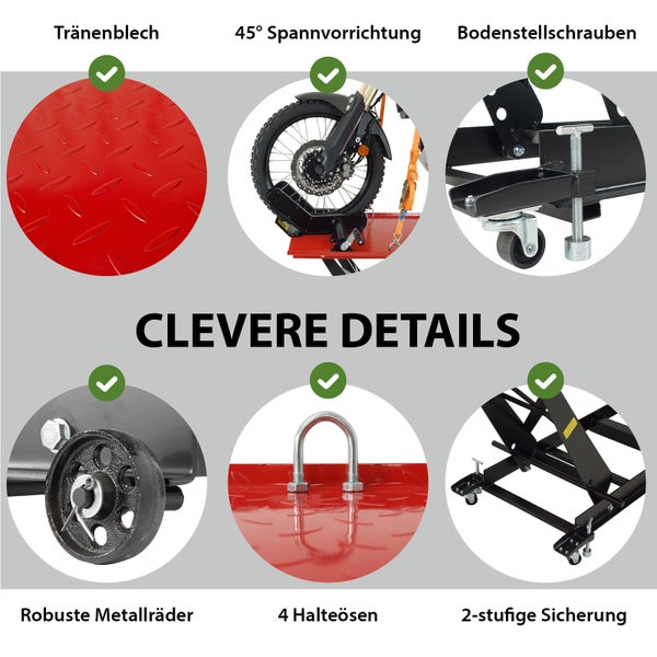 Details einer Motorradhebebühne mit Riffelblech, Spannvorrichtung, Bodenstellschrauben, Metallrädern, Halteösen und Sicherung