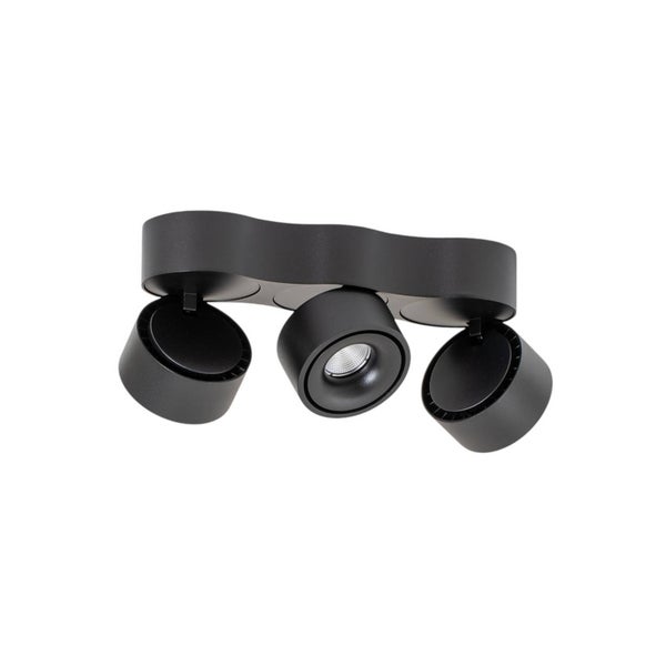 Dreiflammiger Deckenstrahler in Schwarz mit drei verstellbaren Spots, modernes Design für Deckenmontage.