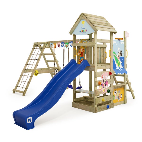 WICKEY Spielturm Disney Mickey Maus und Freunde Story mit Rutsche, Kletteranbau und Doppelschaukel