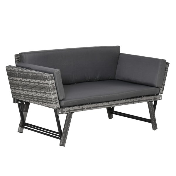 Outsunny Polyrattan Gartensofa, 2 Sitzer Loungesofa, klappbar Armlehnen, 129 x 63 x 67 cm, Stahl, Grau