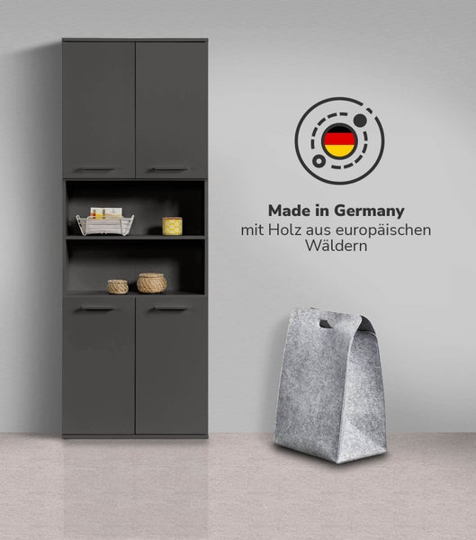 Schrank mit Türen und offenen Regalfächern, Maße dargestellt