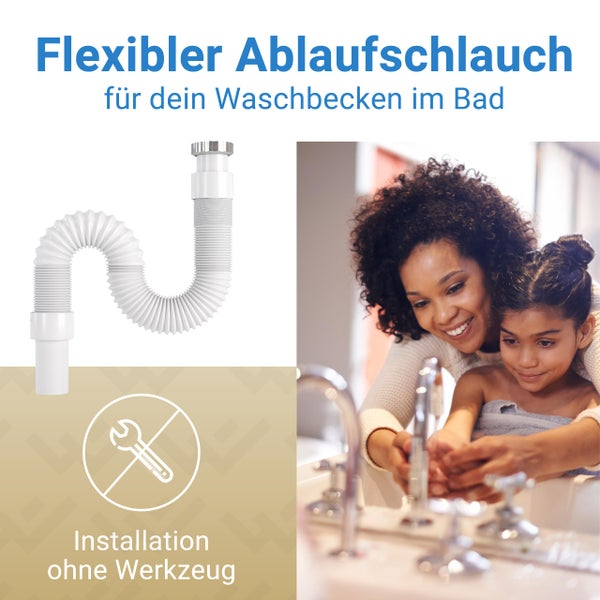 Flexibler Ablaufschlauch für das Waschbecken im Bad, Installation ohne Werkzeug.