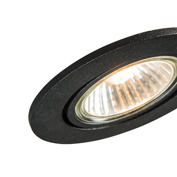 Runder LED Einbaustrahler in Schwarz mit eingeschaltetem Leuchtmittel.