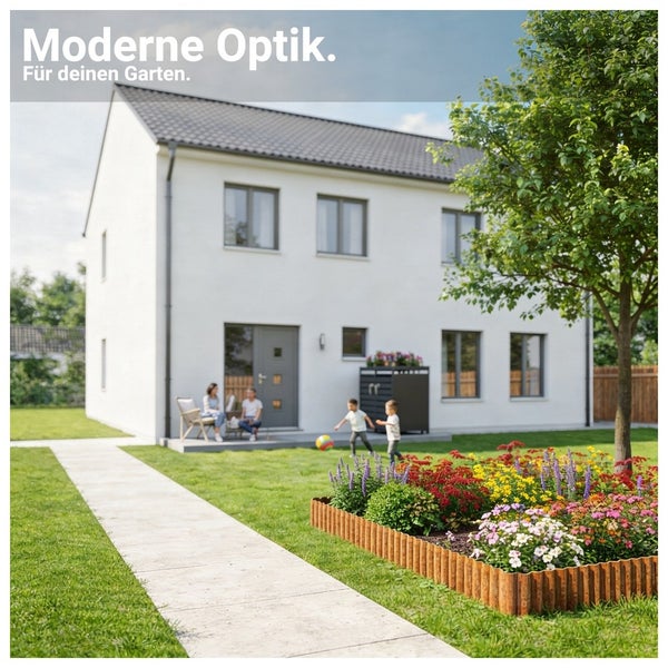 Modern gestalteter, heller Garten mit Beetumrandung aus Metall um ein bepflanztes Blumenbeet neben einem Gehweg vor einem Wohnhaus.