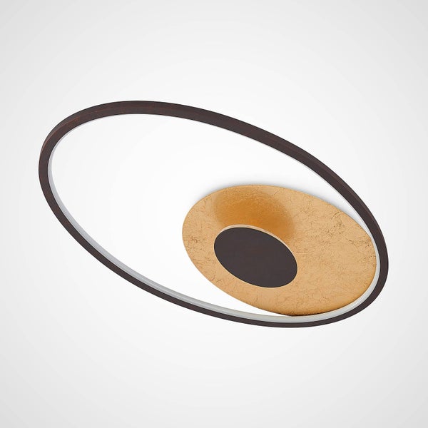 Moderne ovale LED Deckenleuchte mit dunkelbraunem Außenring und goldfarbenem Reflektor Element