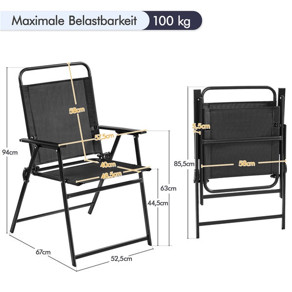 Klappbarer Gartenstuhl mit Maßangaben für maximale Belastbarkeit von 100 Kilogramm