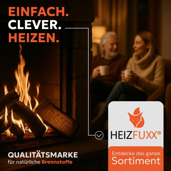 Gemütliche Atmosphäre mit Kaminfeuer und RUF Brennholzbriketts. Heizfuxx Logo für natürliche Brennstoffe und Sortiment.