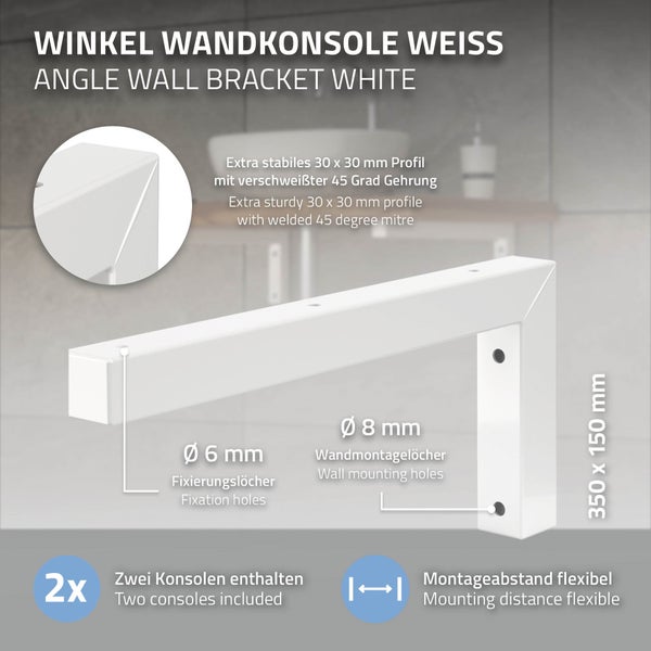ML-Design 2er Set Wandkonsole Winkel L-Form für Waschtisch, 350x150 mm, Weiß, Stahl, Design Waschtischhalterung, Wandhalterung für Waschtischplatte Waschbecken, Konsolenträger Regalträger Regalhalter