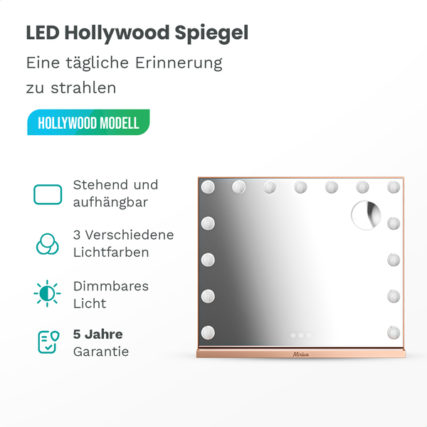 Mirlux Hollywood Make Up Spiegel LED-Beleuchtung - 10x Zoom - Aufhängbar - Rose Gold - 58x48cm
